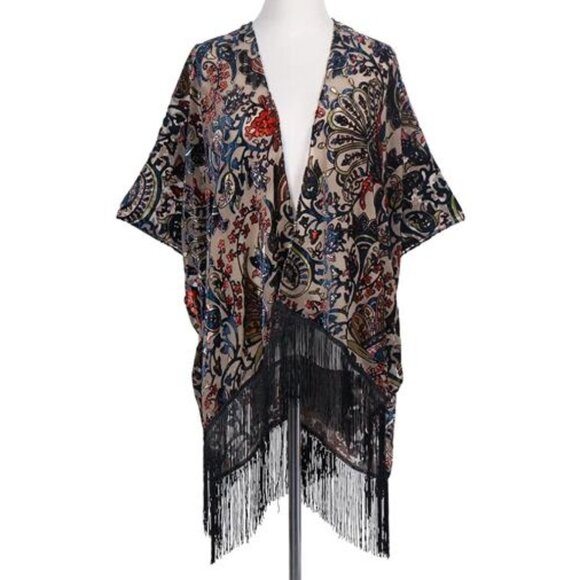 Burnout Velvet Floral Paisley Print Fringe Kimono Cardigan Shawl Poncho Cover Up - Picture 1 of 7